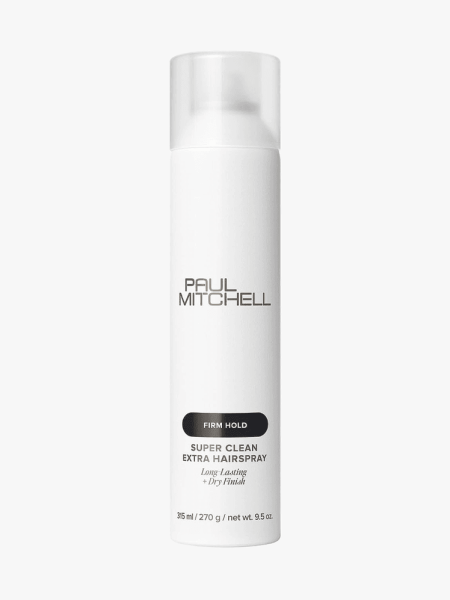Paul Mitchell Firm Hold Super Clean Extra Hairspray in branded component on a light gray background